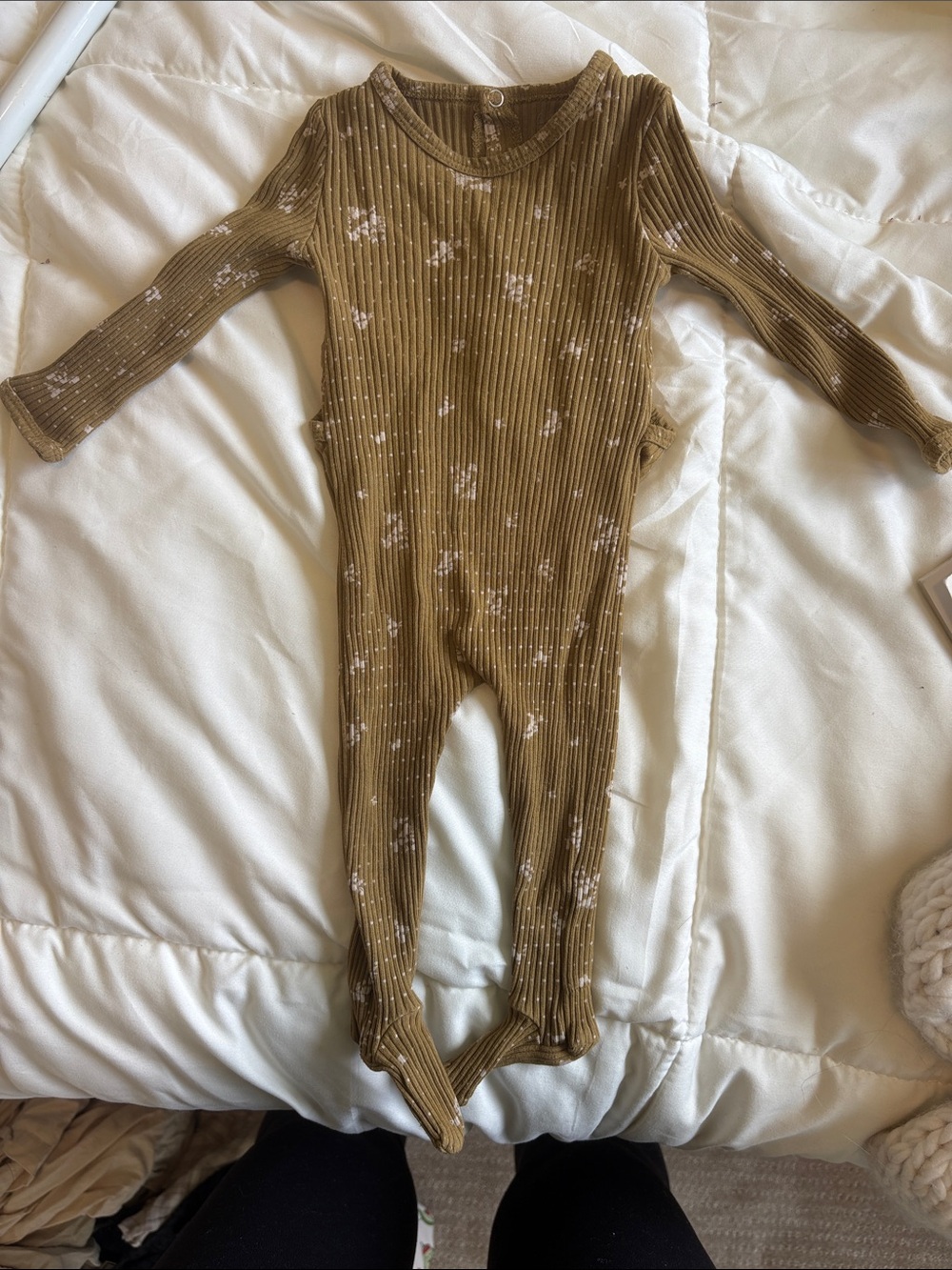 Ribbed Footed One-Piece in Olive with Star Detail